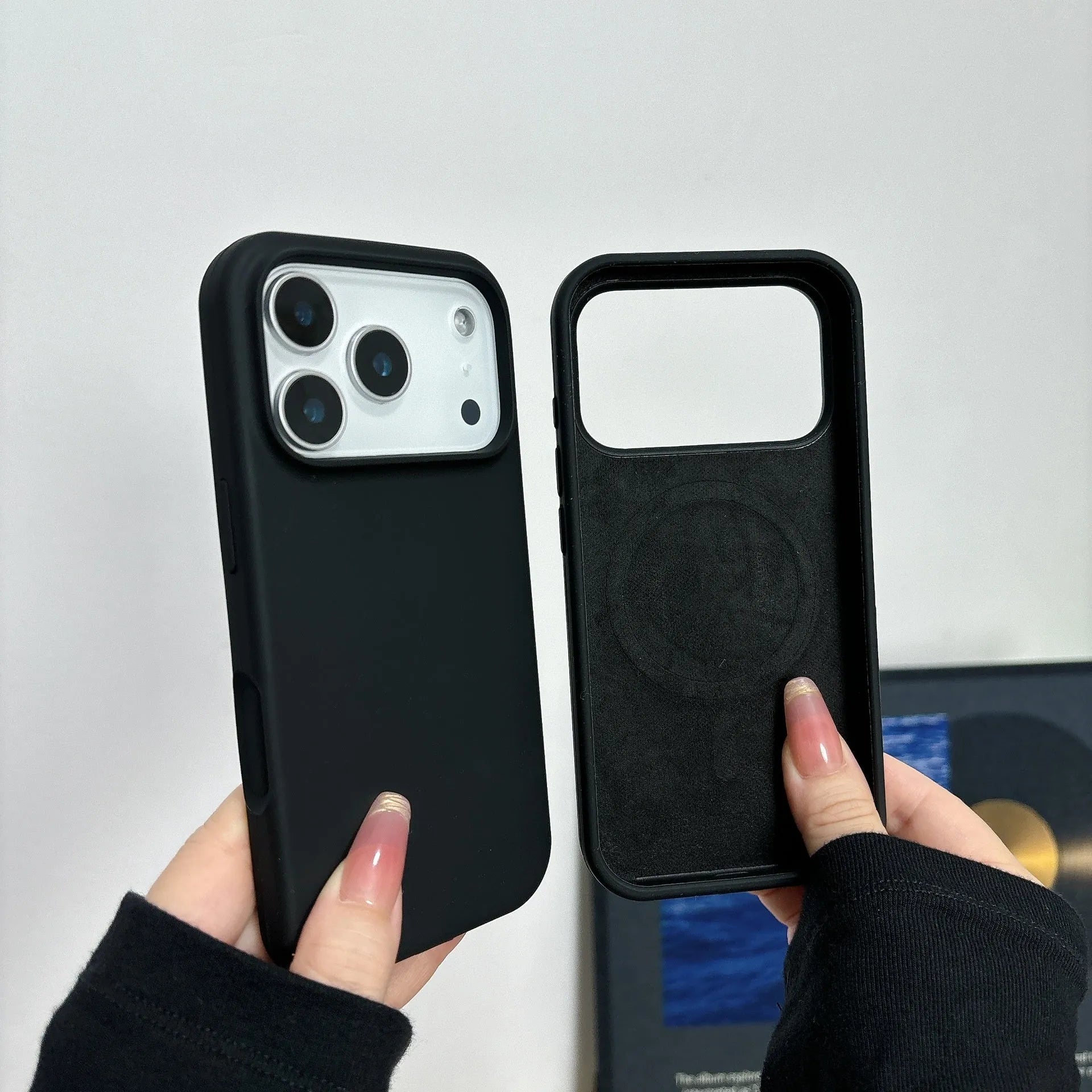 Liquid silicone magnetic iPhone case in antique white colour showing magnetic charging compatibility