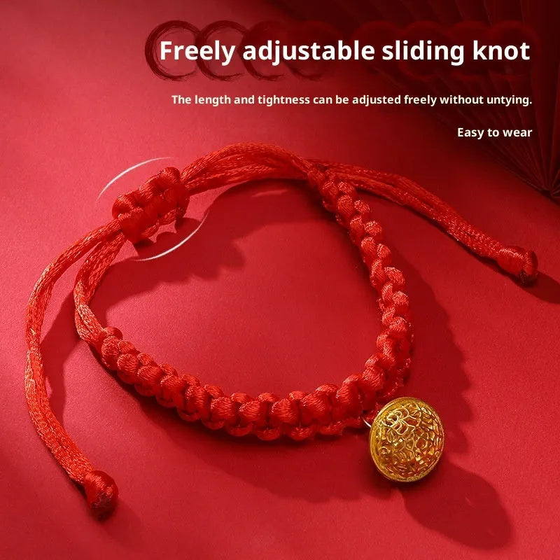 Hand-woven red rope pet collar with alloy charm, adjustable 15-40cm, solid colour design