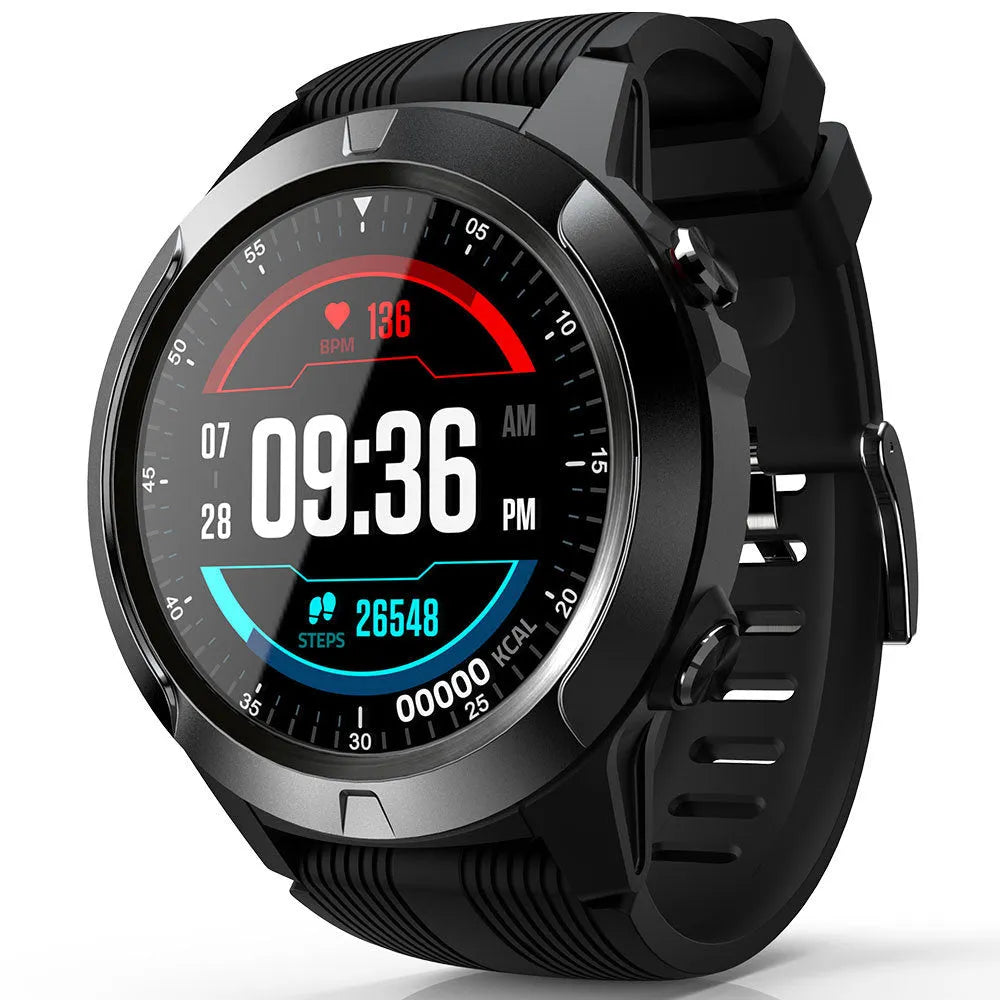 Black men's smart watch with 1.3 inch screen showing exercise tracking interface