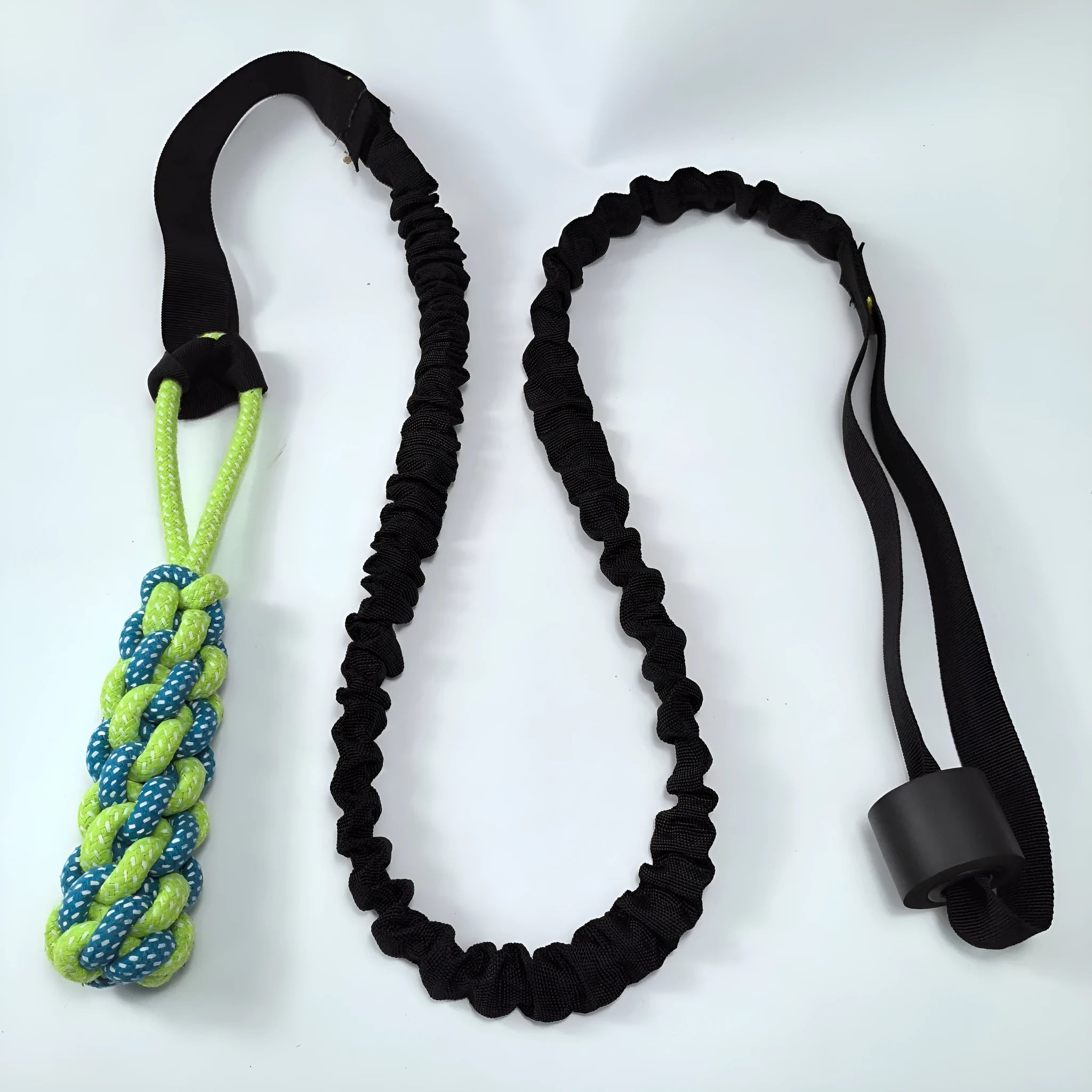 Green cotton thread dog tug rope toy with a corncob design for tug-of-war games.