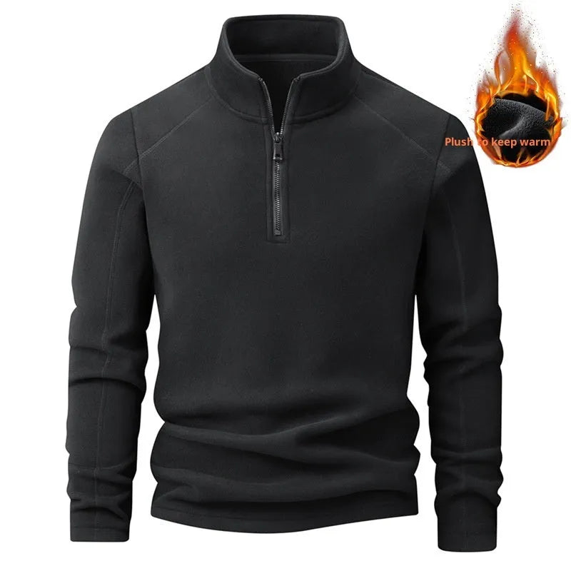 Men's stand collar half-zip long sleeve fleece sweatshirt in loose fit, dark gray polyester