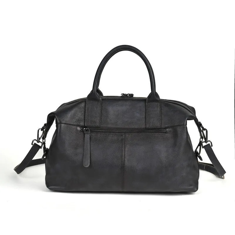 Women's genuine leather large capacity retro handbag in horizontal square shape with single shoulder strap, black colour