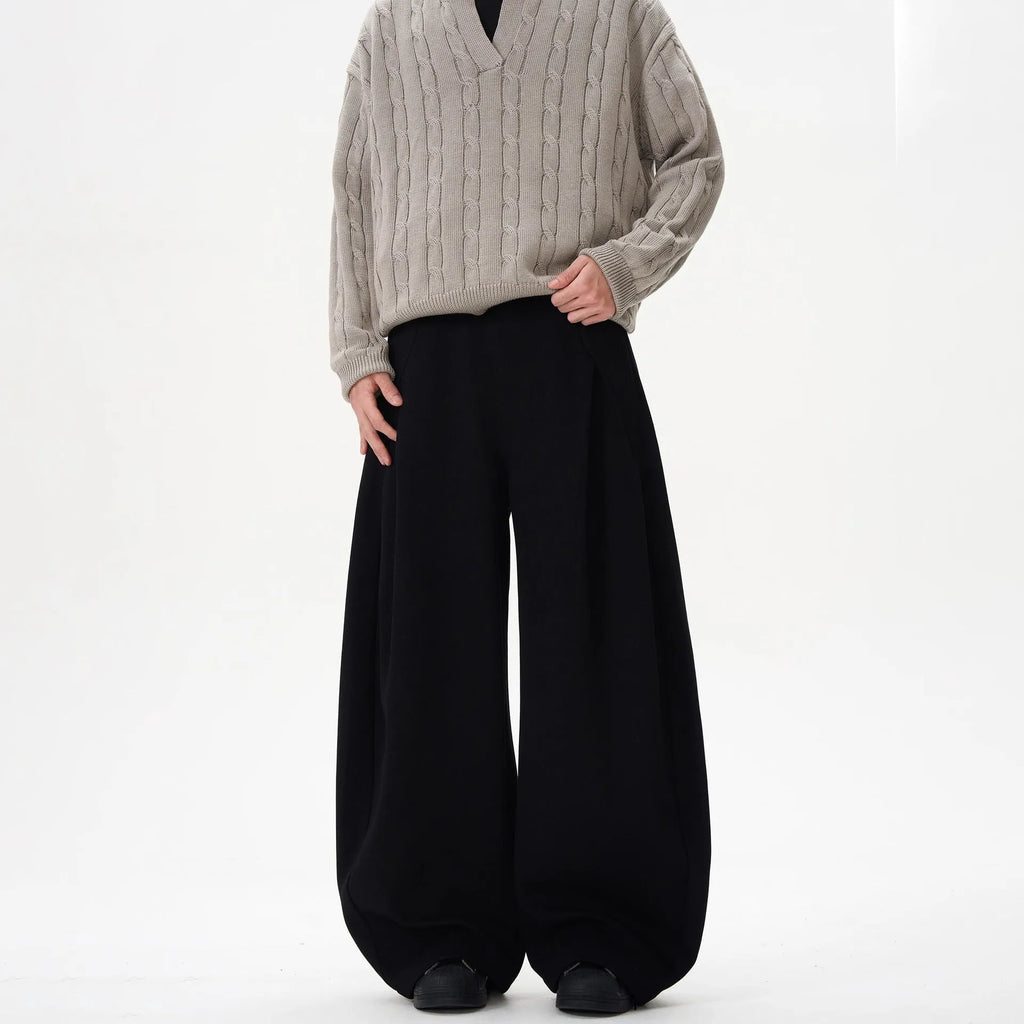 Women's black wide-leg polyester trousers with mid waist and retro casual styling