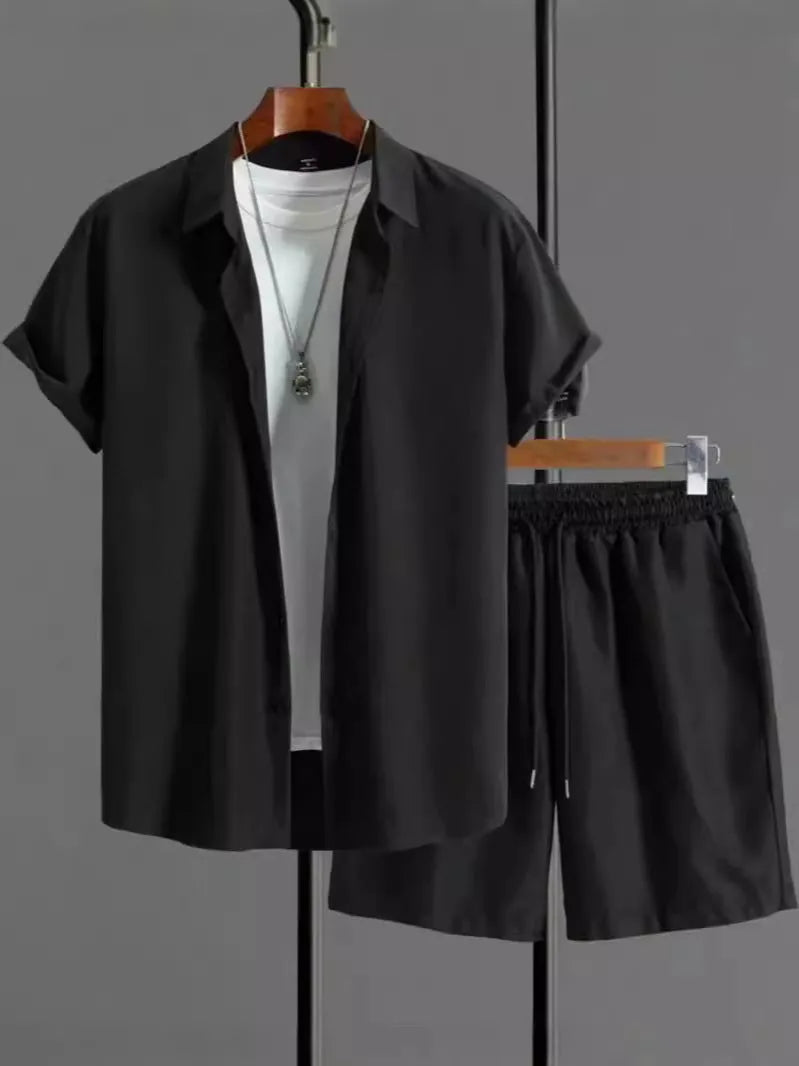 Men's jacquard short sleeve suit with matching shorts in solid colour options
