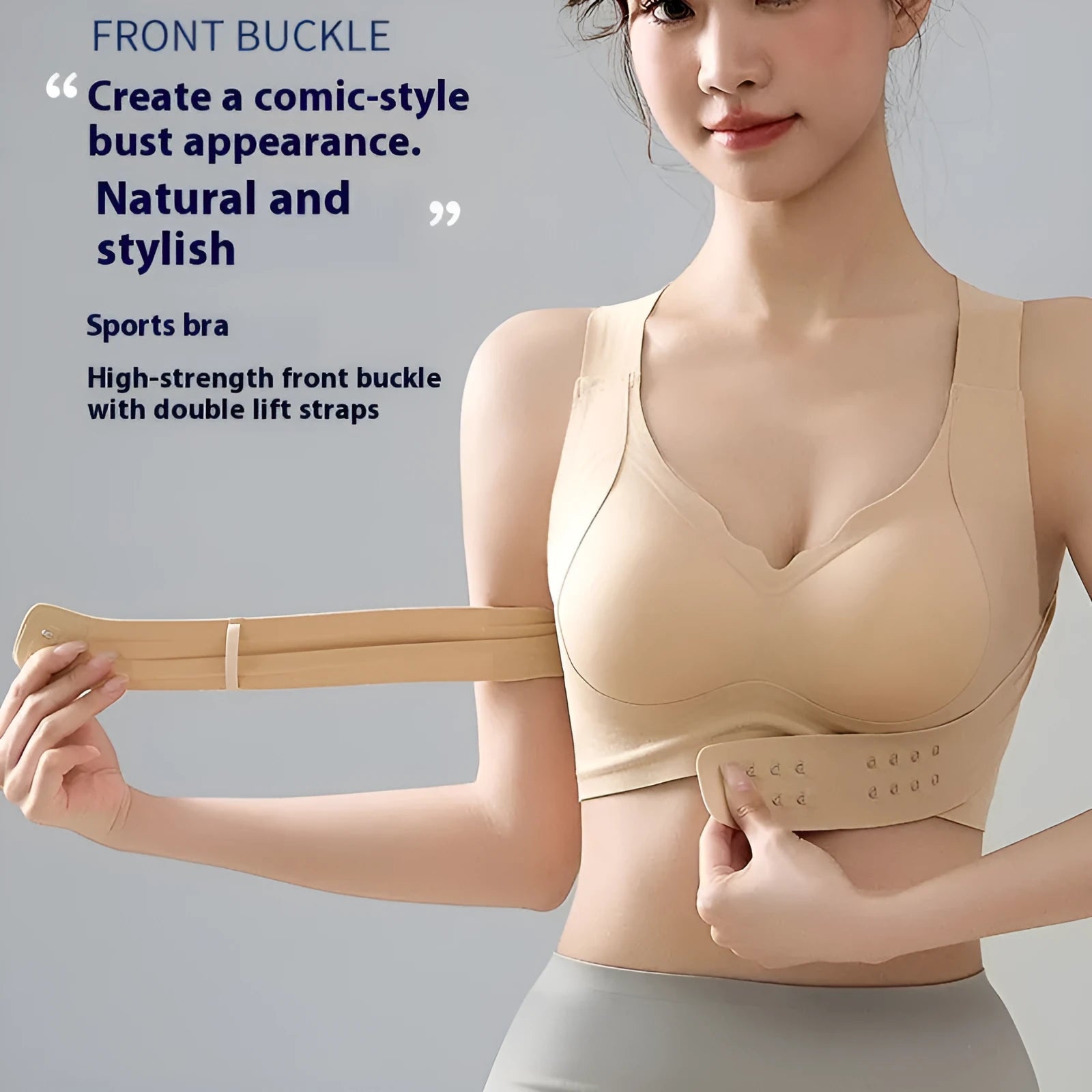 Women's front closure sports bra with back shaping panels for yoga and cross training