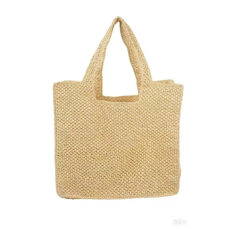 Natural straw woven bucket tote bag with double straps in beige colour