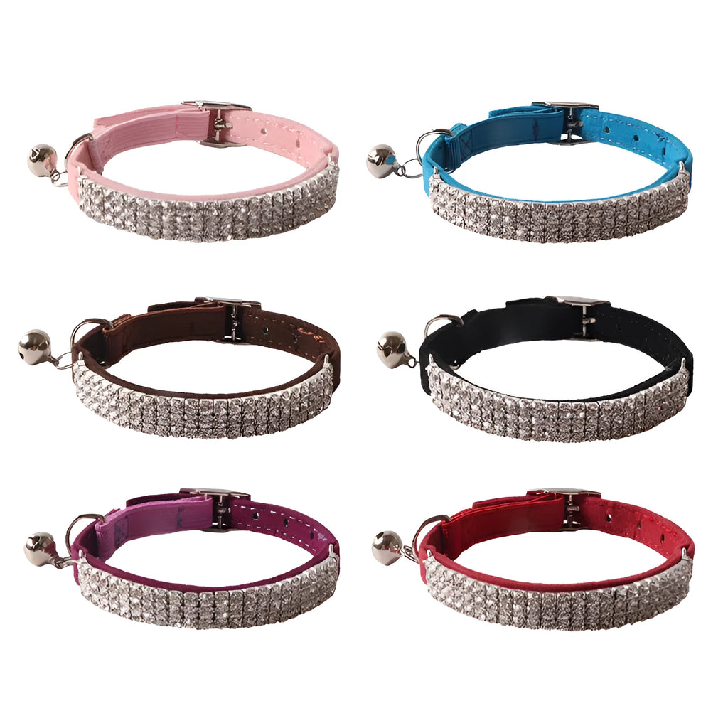 Soft flocking cat collar with elastic buckle and metal gang drill in assorted colours.