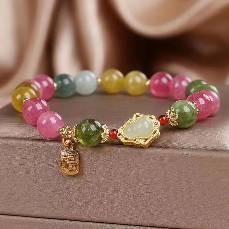 Colourful tourmaline gourd blessing card bracelet for women with flower shape and mixed materials