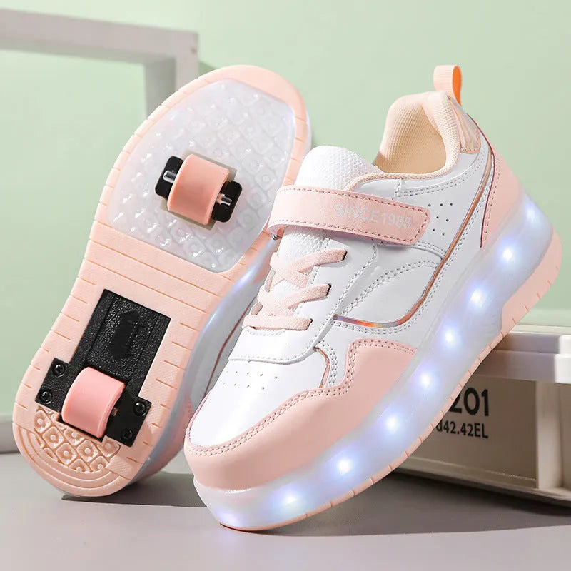 Boys and girls charging flash roller skates with LED lights in multiple colours and wheel configurations