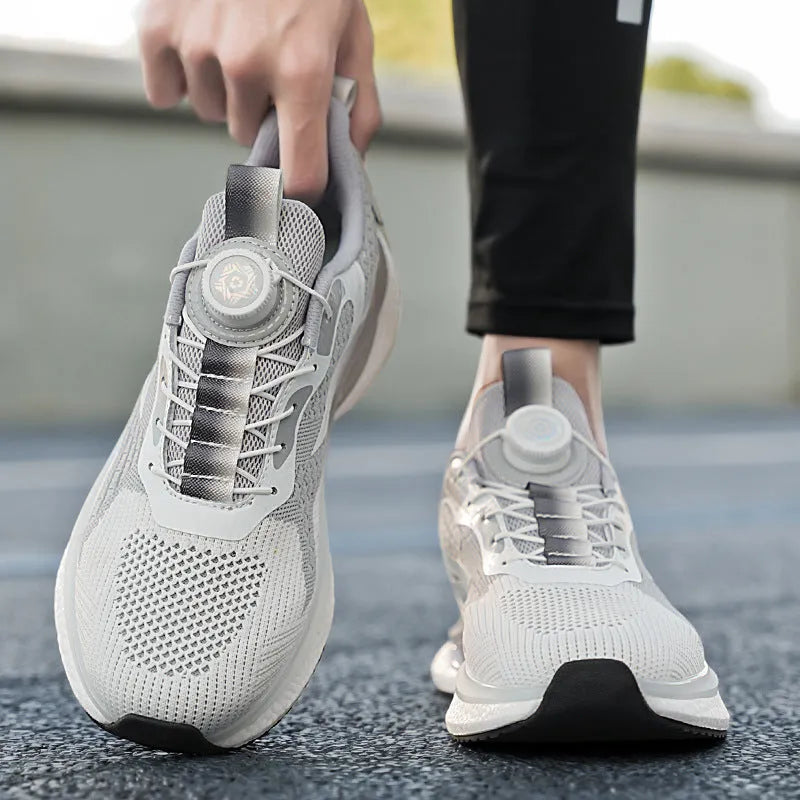 Korean style men's running shoes with rotating buckle in beige colour showing mesh upper details