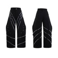 Men's black and white polyester trousers with 3D cutting, metal rivet stripes, and pleated front.