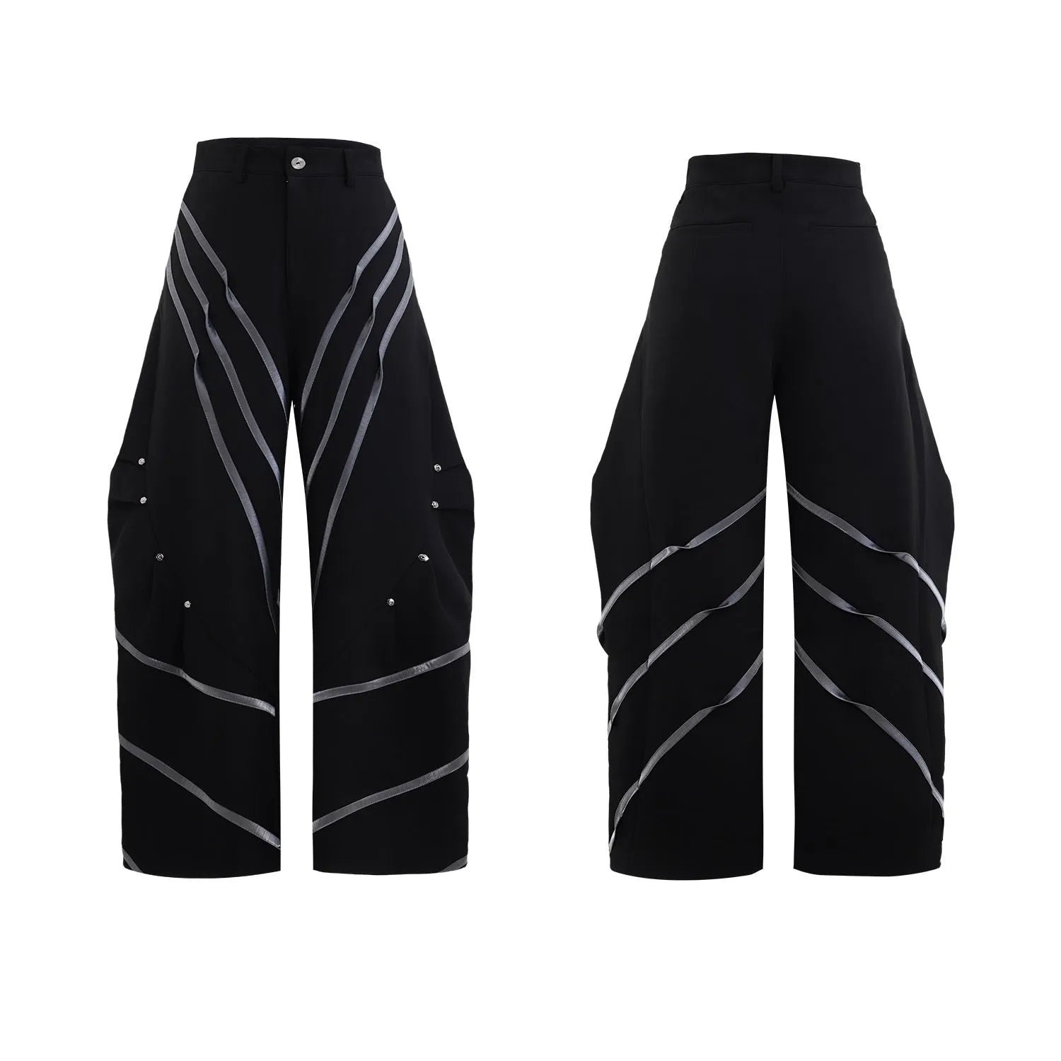 Men's black and white polyester trousers with 3D cutting, metal rivet stripes, and pleated front.