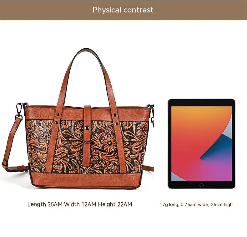 First layer cowhide hand carved skeleton-skin horizontal square crossbody bag in retro brown
