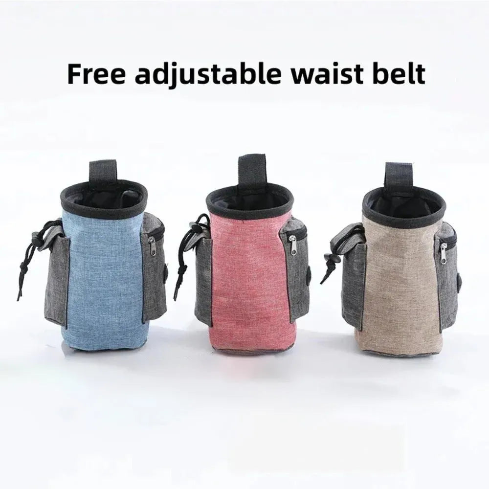 Portable pet training waist bag in blue with adjustable elastic design and waste bag pocket