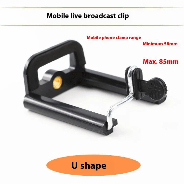 Black plastic U clip mobile phone holder mounted on a hose.