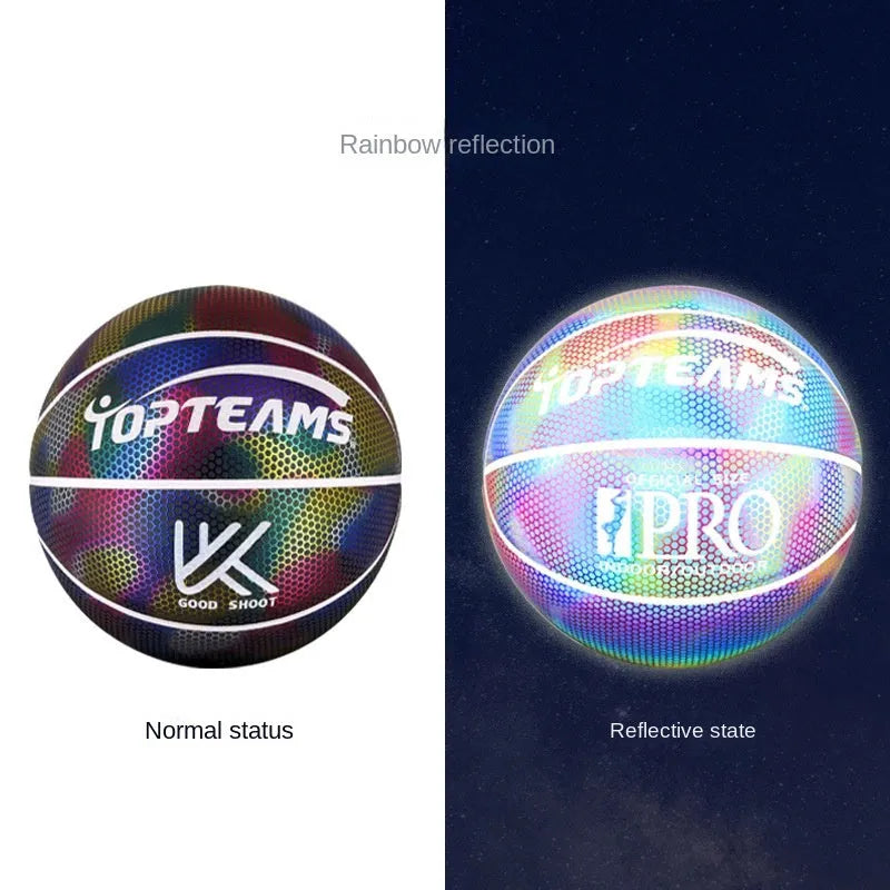 Size 7 holographic reflective basketball with wear-resistant PU surface in chroma colour option