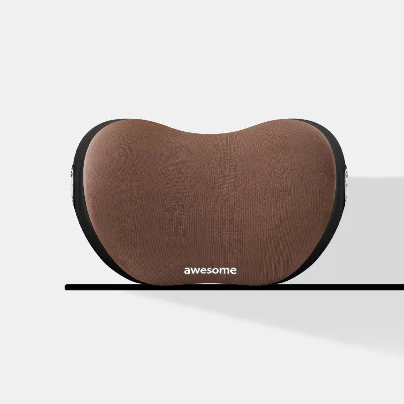 Black cloth headrest pillow and matching lumbar support pillow for car seats.