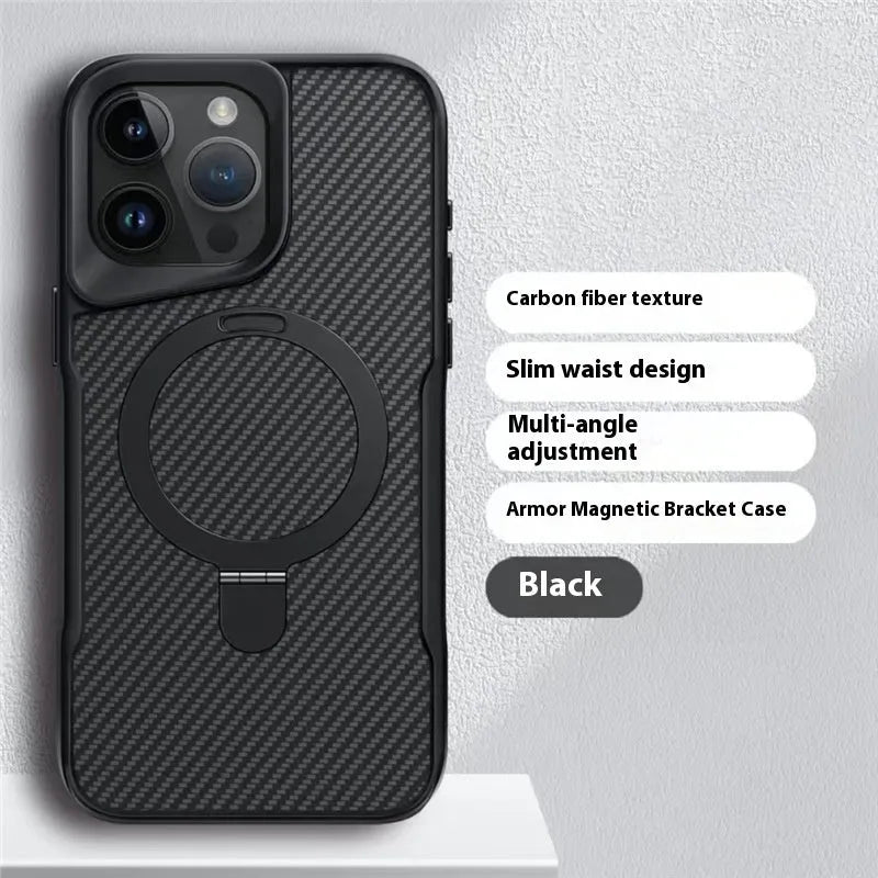 Carbon fiber magnetic bracket phone case for iPhone 16 Pro Max in black with frosted finish and built-in stand