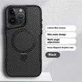 Carbon fiber magnetic bracket phone case for iPhone 16 Pro Max in black with frosted finish and built-in stand