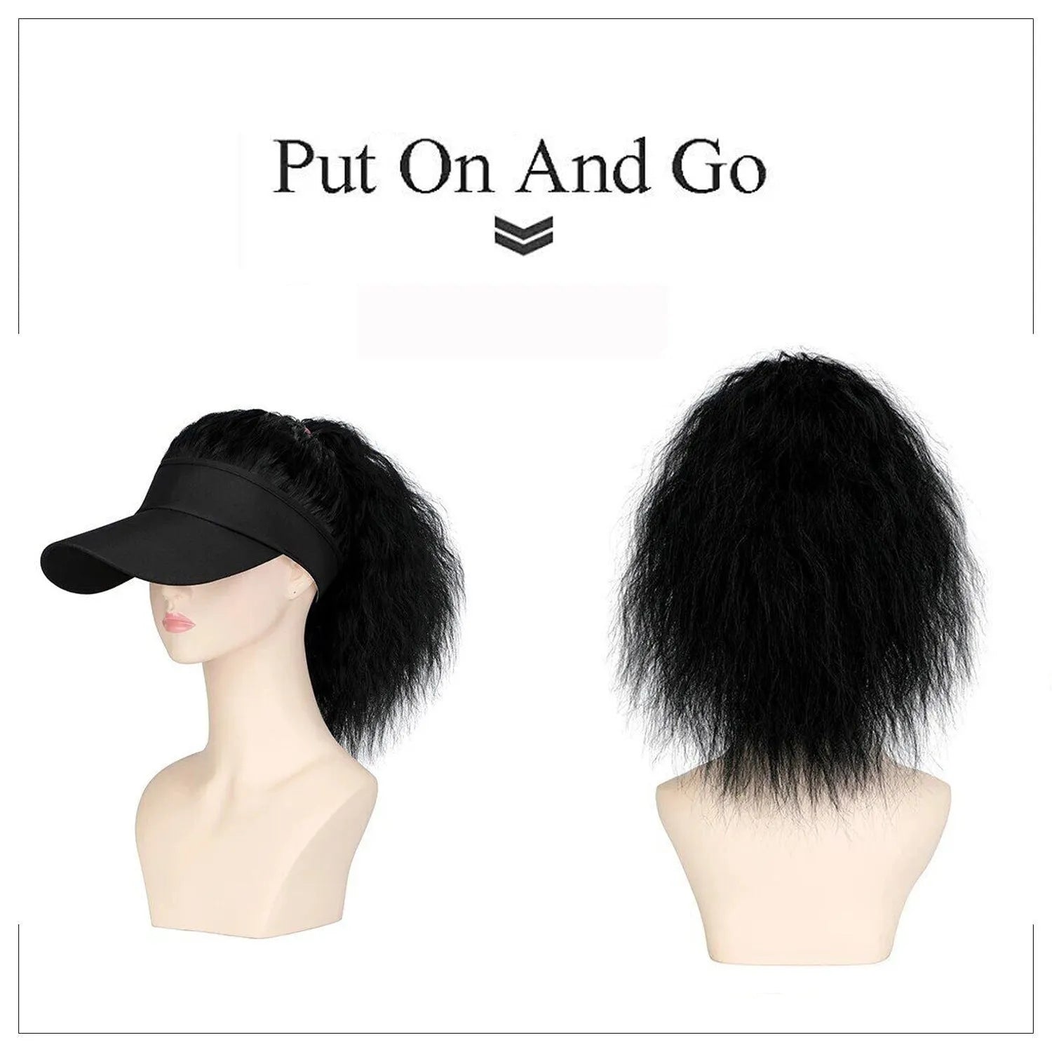Women's short hooded wig with horse tail waves in domestic silk hair on a display stand.