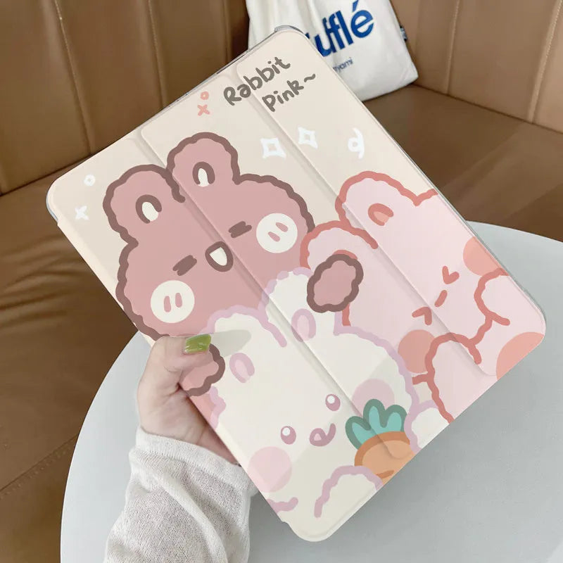 Silicone tri-fold protective case for iPad with cartoon rabbit design, showing front cover folded back.