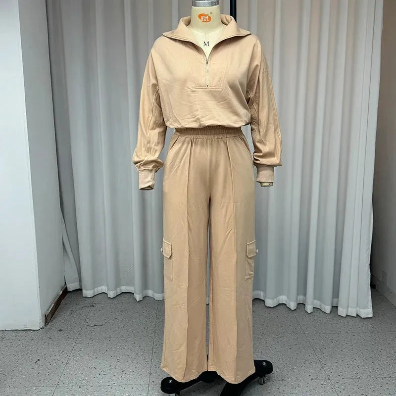 Women's light camel polyester two-piece workwear set with lapel top and wide-leg trousers