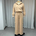 Women's light camel polyester two-piece workwear set with lapel top and wide-leg trousers