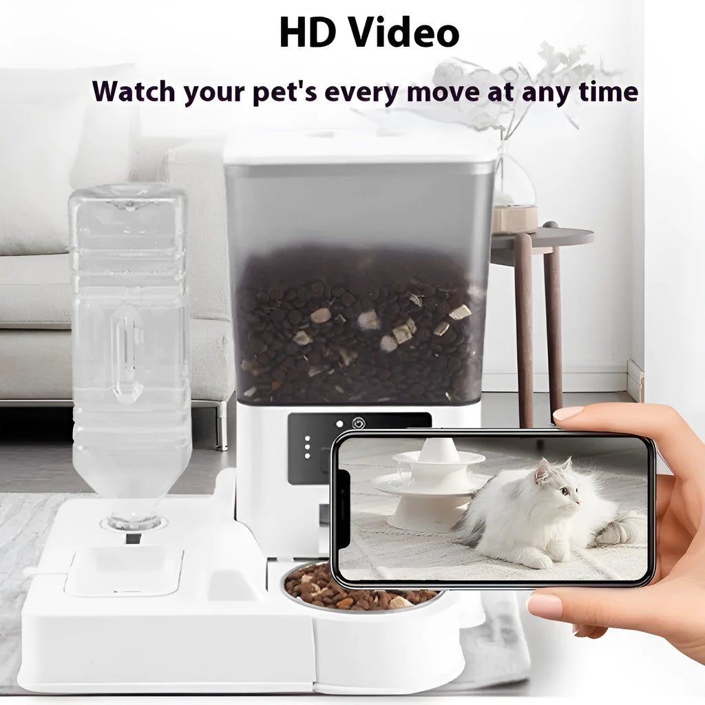 Stainless steel smart pet feeder with double bowl for food and water, showing control panel and 5L capacity.