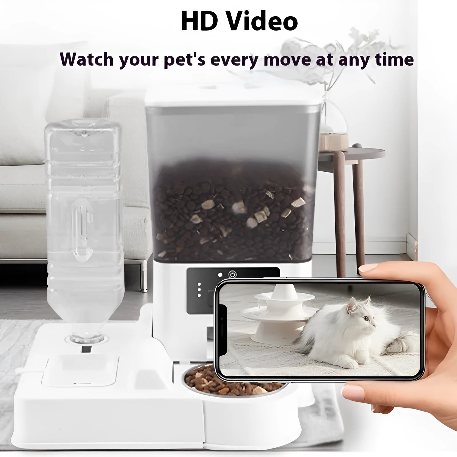 Stainless steel smart pet feeder with double bowl for food and water, showing control panel and 5L capacity.