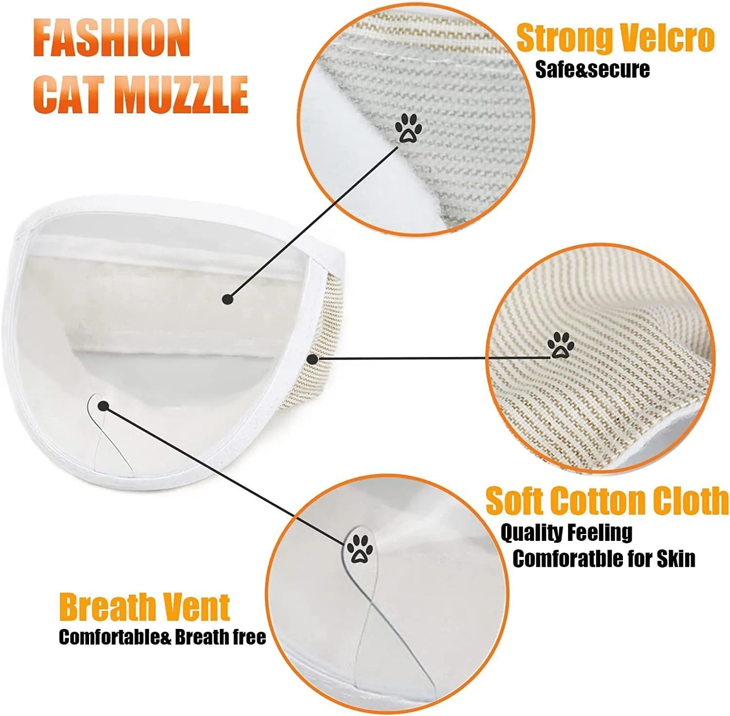 Transparent cat anti-bite muzzle with cotton construction and central breathing hole in S or M size