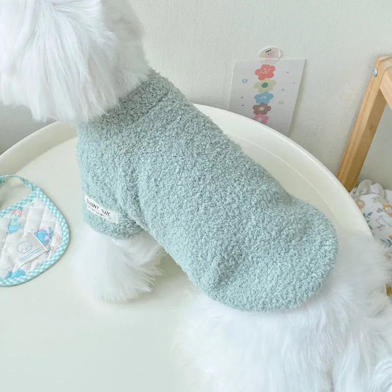 Brown double-sided cloud velvet dog jacket showing thickened polyester construction for pet warmth