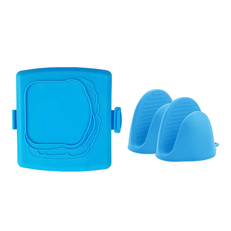 Red silicone baking tray and heat-resistant gloves set in colour box packaging