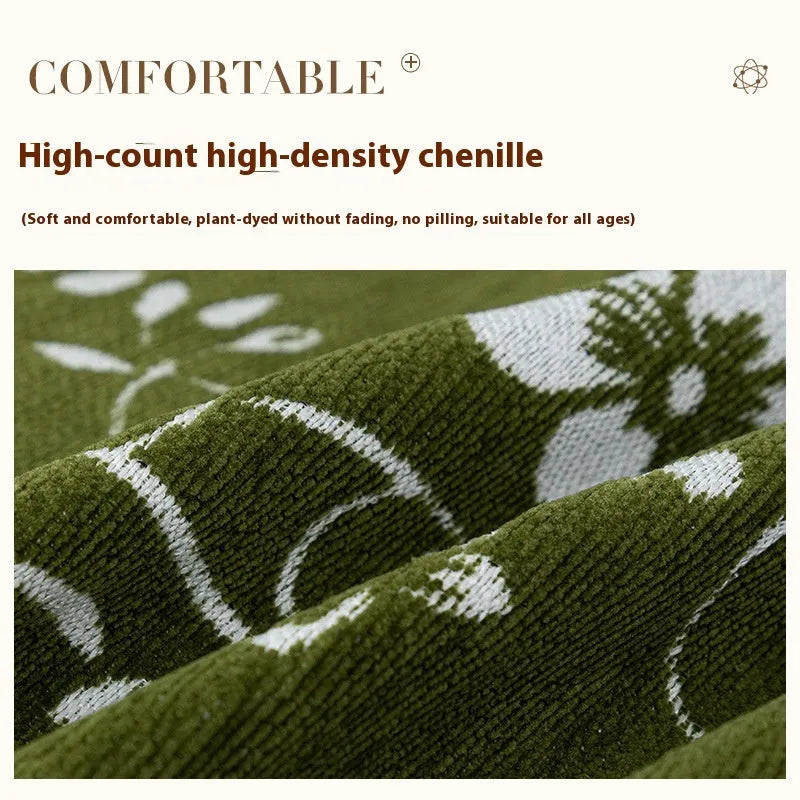 Soft chenille sofa cover with embroidered magnolia floral pattern in garland coffee colour, size 180x230cm