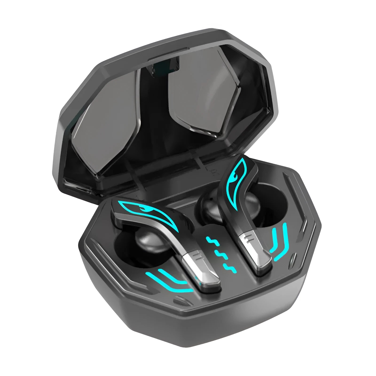 X15 wireless Bluetooth in-ear gaming headset with charging case, showing left and right earpieces.