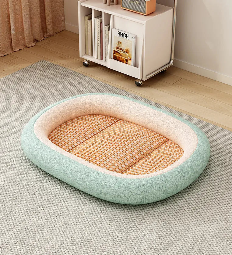 Removable washable pet nest dog bed in light grey, showing detached cotton pad next to outer cushion.