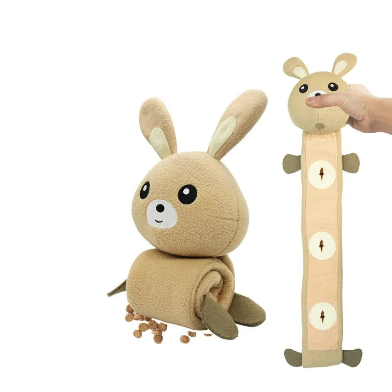 65cm plush dog training toy in poached bunny colour with food hiding compartments