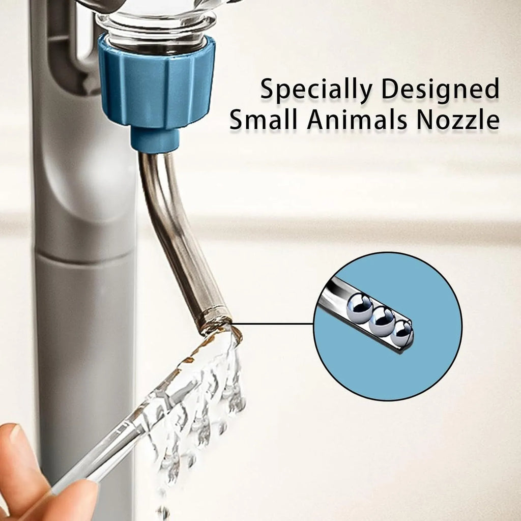 Blue small animal water bottle with rotatable nozzle attached to cage bars