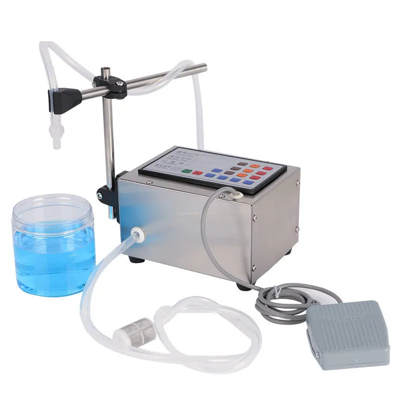 CNC automatic quantitative liquid filling machine GFK-280 on a workbench with digital display.