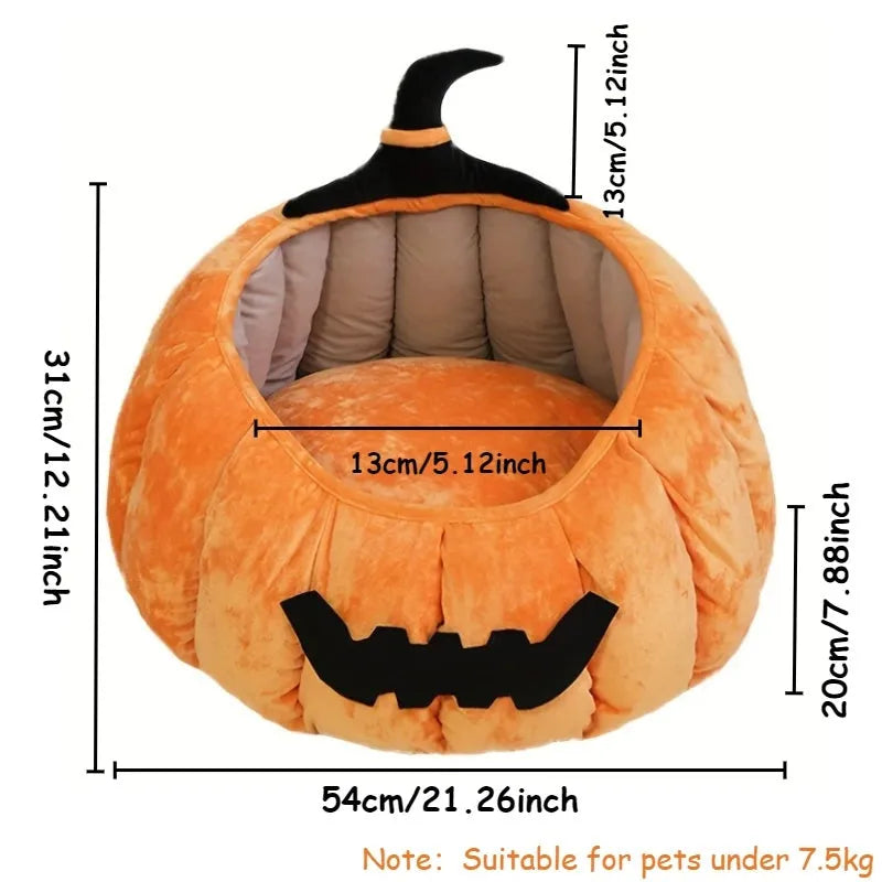 Halloween pumpkin devil design soft plush cat bed for small pets in black, orange, or pink.