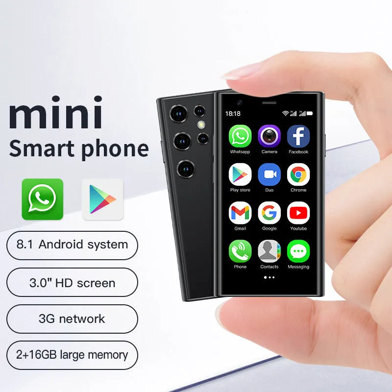 Black, green, and pink purple S23PRO XS15 mini smartphone with 3-inch screen on a straight plate.