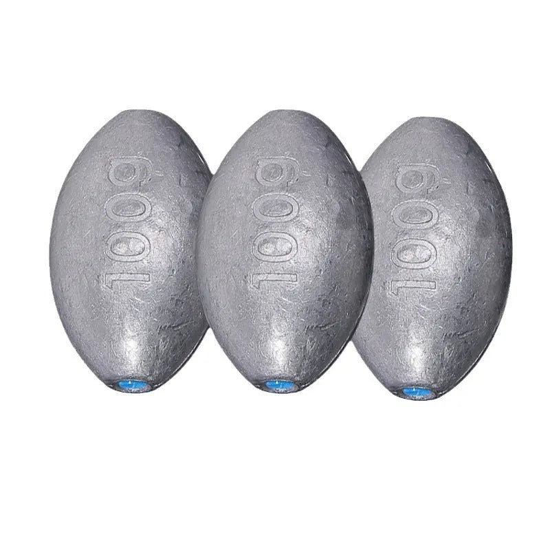 Olive-coloured rugby-shaped sea fishing sinker with a textured scale pattern, showing weight markings.
