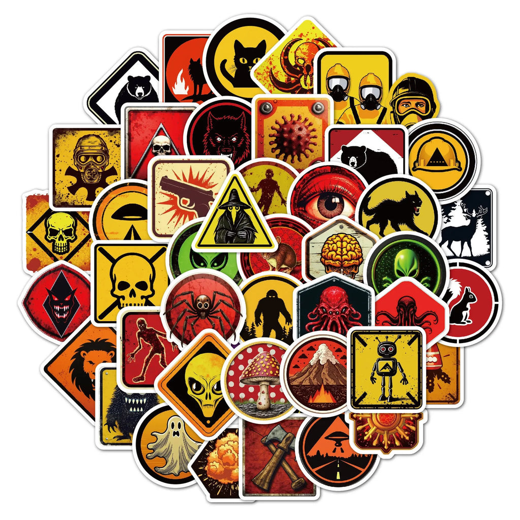 Pack of 50 waterproof warning stickers for helmets and luggage, showing bright four-colour slogans on PVC film.