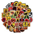 Pack of 50 waterproof warning stickers for helmets and luggage, showing bright four-colour slogans on PVC film.