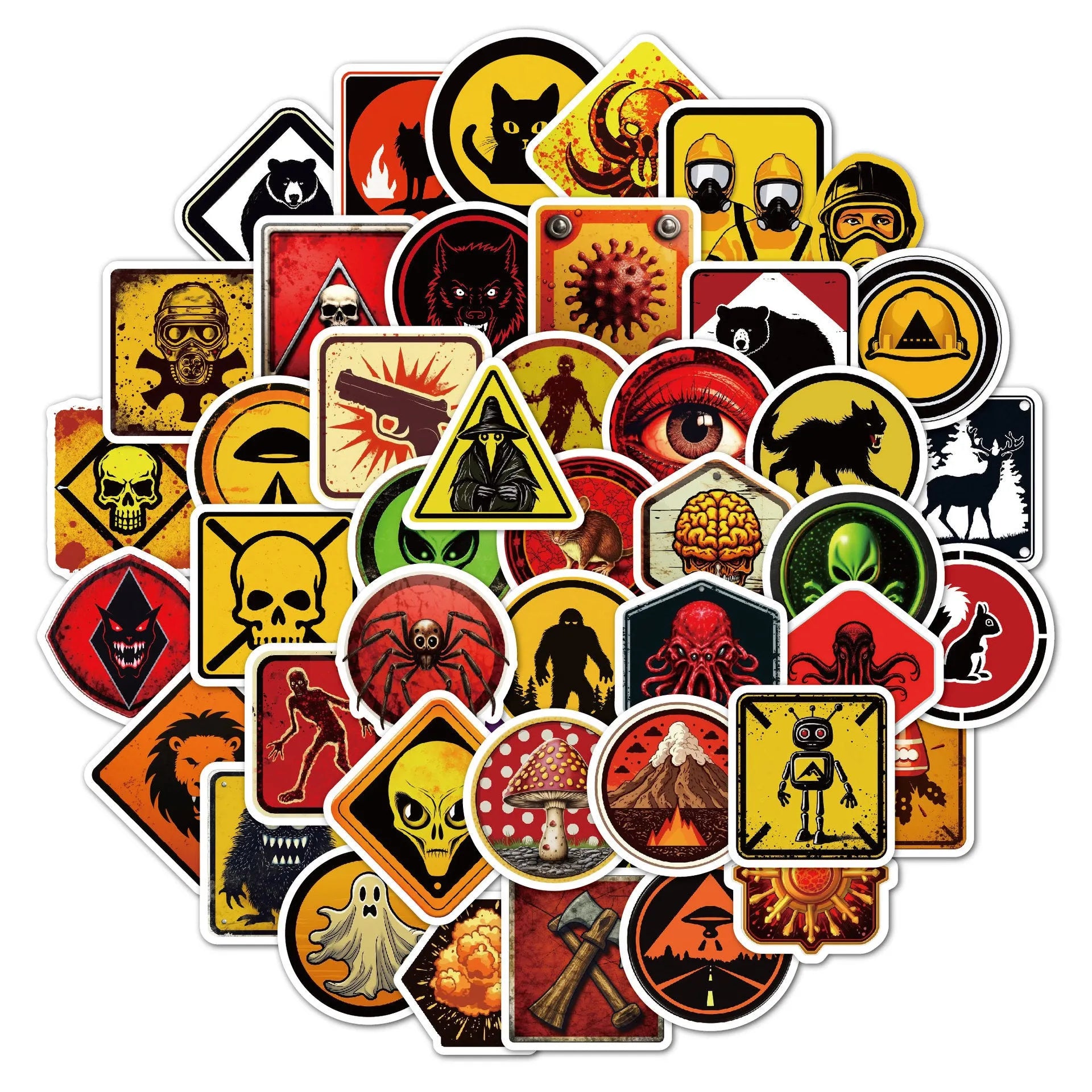 Pack of 50 waterproof warning stickers for helmets and luggage, showing bright four-colour slogans on PVC film.