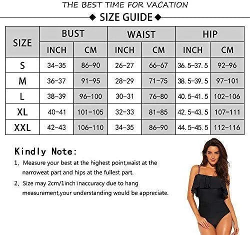 Black one-piece swimsuit with cut-out detail and ruffled strap tube top.