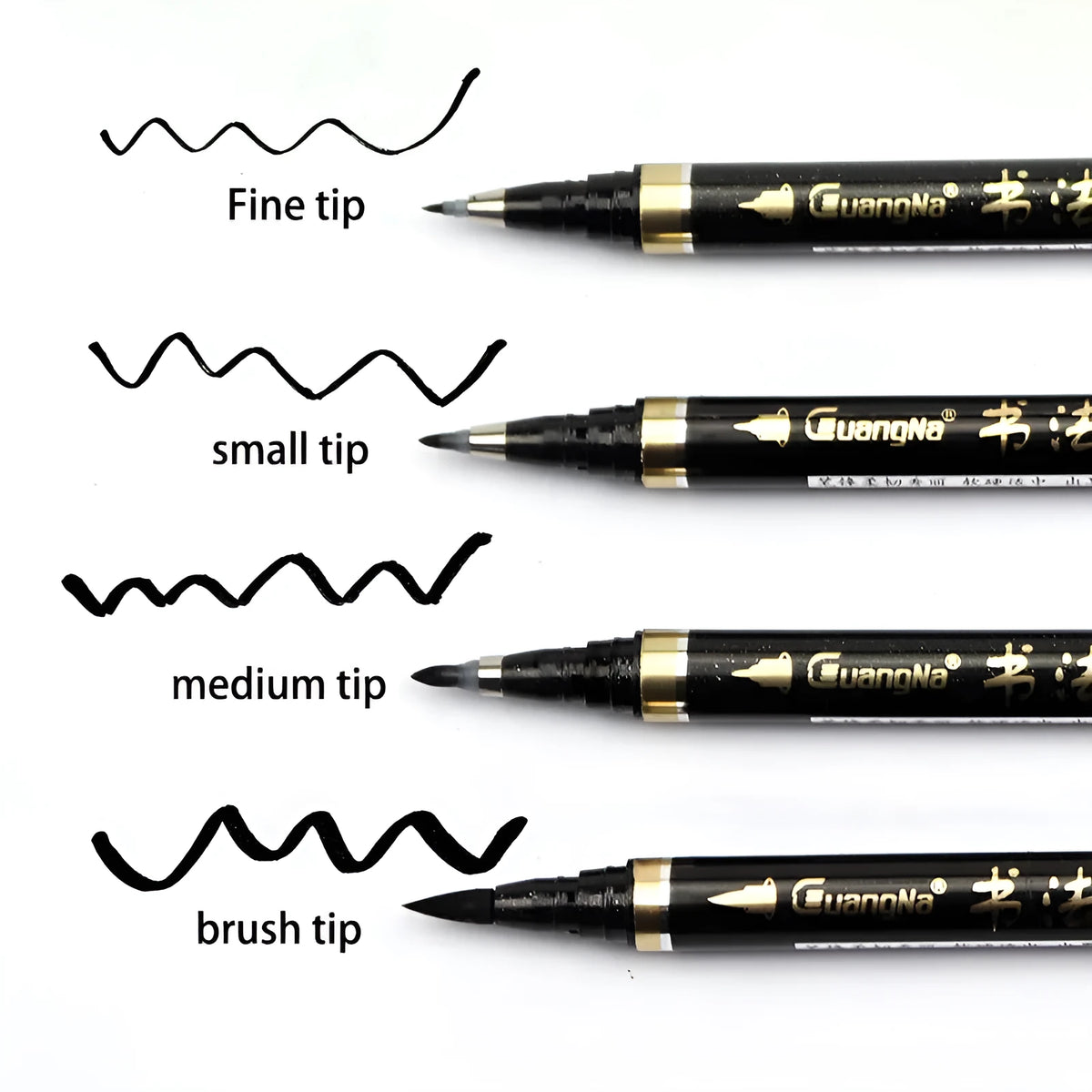 Six refillable soft brush calligraphy pens in a set with plastic barrels and environmental nibs