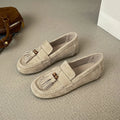 Women's inner height increasing slip-on tassel flats in brown with suede leather upper and round toe