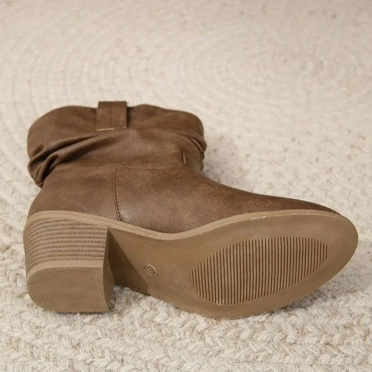 Retro tassel mid-calf western boots for women with thick square heel in dark brown