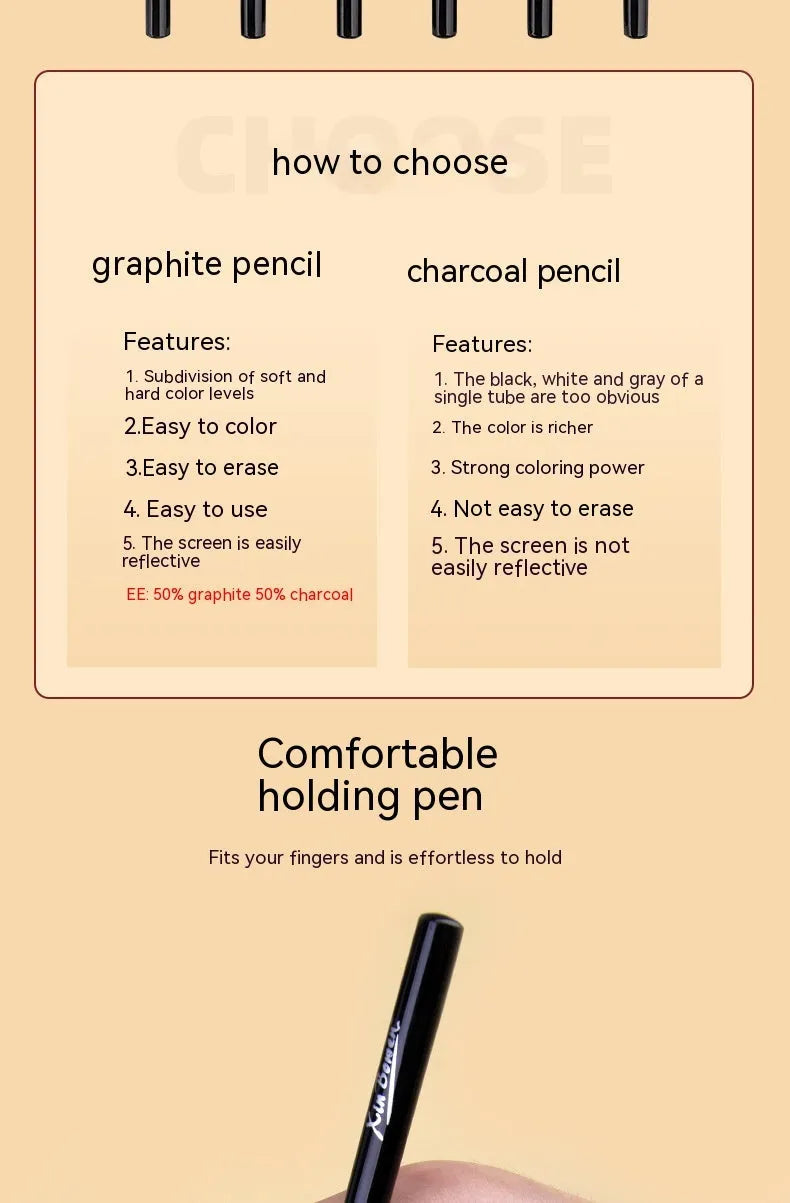 Set of six wood-free graphite sketching pencils in grades HB, 2B, 4B, 6B, 8B, and EE for art drawing.