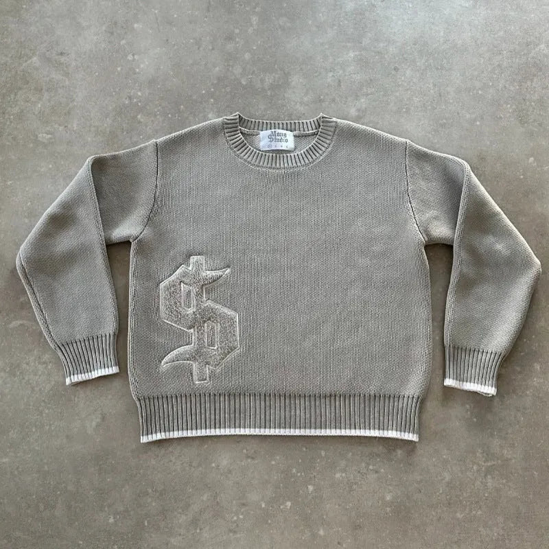 Grey loose-fit jacquard knit coat with long sleeves for autumn and winter.